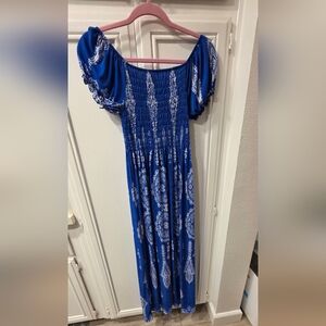 Women's Bohemian Blue and White Smocked Summer Maxi Dress